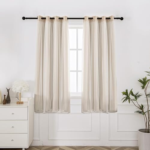 INLINAS Blackout Curtains with Sheer Overlay, Beige, 52x72 Inches | Grommet Top Double Layer Curtains for Bedroom and Living Room Thermal Reduction Light Blocking and Energy Saving, Set of 2 - color: Beige, size: 52"W x 72"L (Pack of 2)