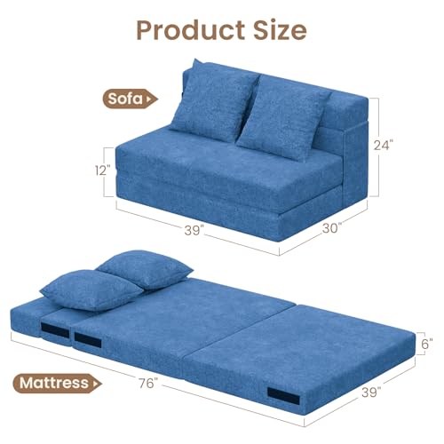 5-in-1 Convertible Folding Sofa Bed Sleeper Chair - Twin, Navy Blue | 39" Fold Out Chair Bed Futon Couch with Pillows, Foldable Floor Mattress for Living Room/Dorm/Guest Use/Home Office/Apartment - color: Navy Blue, size: Twin