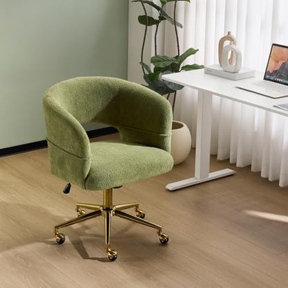 VINGLI Modern Curved Office & Vanity Desk Chair, Cute Upholstered Nail Chair with Wheels & 360° Swivel & Club & Tilting & Gold Base, for Bedroom, Living Room, Makeup, Velvet Chenille, Green - color: Green