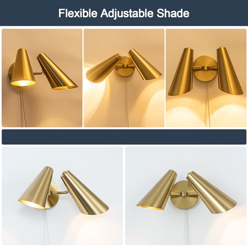 Gold 2-Light Plug in Wall Sconce, Modern Vanity Light Wall Lamp with Rotatable Lampshade Picture Light for Bedroom Living Room Bathroom Foyer - color: B-Gold
