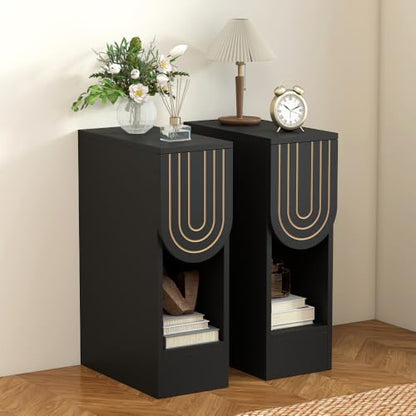 weselon Narrow Nightstand, Slim Bedside Table with Carving Lines Drawer, Mid-Century Modern Small Side End Table for Bedroom Small Space, Wooden Night Stand (1, Black) - color: Black-carved Drawer, size: 1-Pack