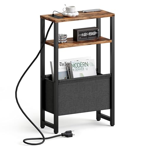 Narrow Side Table with Charging Station Slim End Table Sofa with Magazine Rack, Bedside Table for Small Spaces, 3 Tier Nightstand for Living Room Couch, Bedroom Rustic Brown LET503RE - color: Rustic Brown, style: With Charging Station
