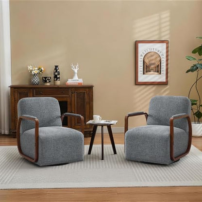 32" Chenille Upholstered Swivel Accent Chairs Set of 2, 360° Rotating Metal Base Modern Lounge Chair with Wooden Armrests for Living Room Bedroom, Grey - color: Grey, size: 2 Pack
