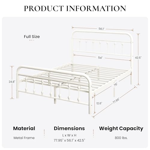 SHA CERLIN Full Metal Bed Frame with Victorian Iron-Art Headboard, Cream | Victorian Iron-Art Headboard and Footboard, Easy Assembly, Under Bed Storage, No Box Spring Required - color: White, size: Full