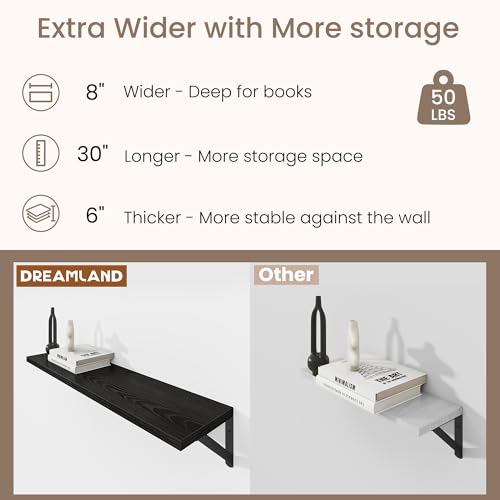 Dreamland Wall Mounted Floating Shelves Set of 2, 30x8, Black | Engineered Wood, Visible Bracket, Large Storage, Hold Up to 50lbs, Living Room, Bathroom, Bedroom, Kitchen - color: Black, size: 30"W x 8"D