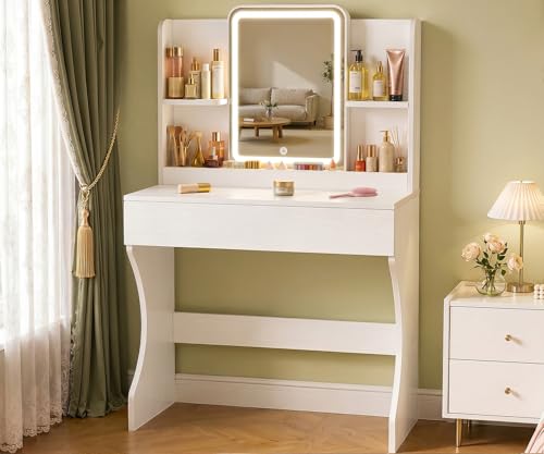 White Small Vanity Desk with Mirror and 3 Adjustable Light Modes | Dimmable Lighting, Multi Storage Area, Quick Assembly, CARB P2 Certified Material - color: White