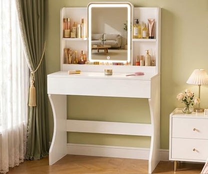 White Small Vanity Desk with Mirror and 3 Adjustable Light Modes | Dimmable Lighting, Multi Storage Area, Quick Assembly, CARB P2 Certified Material - color: White