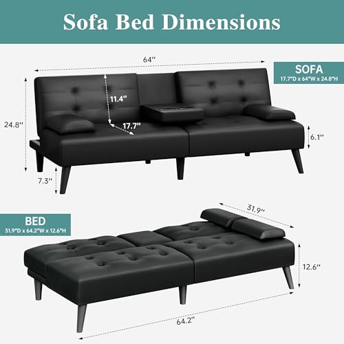 64" Futon Sofa Bed, Small Loveseat with 2 Cup Holders, Small Couch with 3 Adjustable Angles & Removable Armrest, Small Sofa for Small Space (PU Leather, Black)