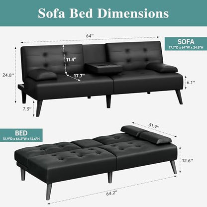 64" Futon Sofa Bed, Small Loveseat with 2 Cup Holders, Small Couch with 3 Adjustable Angles & Removable Armrest, Small Sofa for Small Space (PU Leather, Black)