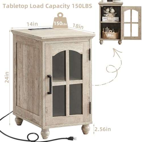 RWYHG Narrow Side Table, Farmhouse Nightstand with Charging Station | End Tables with Glass Barn Door, Cabinet Organizer with Adjustable Shelf, Night Stand for Small Spaces Living Room Bedroom - color: Grey, size: Set 1
