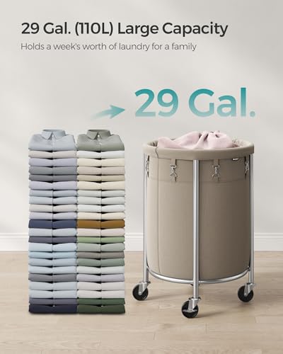 SONGMICS Laundry Basket, Rolling Steel Frame with 2 Locking Wheels, 110 L | Heavy-Duty Laundry Hamper Cart with Removable Bag, Camel Brown and Metallic Silver, URLS002N01 - color: Camel Brown + Metallic Silver, size: 110 L (1-Section)