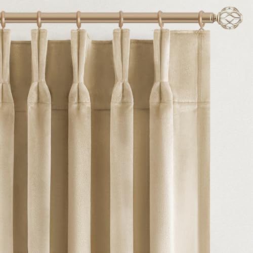 96 inches Long Pinch Pleated Velvet Curtains,Beige Boho Decorative Light Blocking Privacy Window Treatment for Living Room Nursery,Heavy Thick Velvet Curtain Rails Ceiling Mount 2 Panels - color: Beige, size: 40"W x 96"L (Pack of 2)