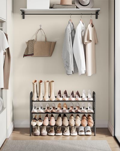 SONGMICS Expandable Shoe Rack, 3 Tier Shoe Rack Shelf, Adjustable Shoe Organizer Storage for 20 Pairs of Shoes, Metal Free Standing Shoe Racks for Closet, Front Door Entryway, Easy Assembly, Ink Black - size: 3 Tier (22.8"H)
