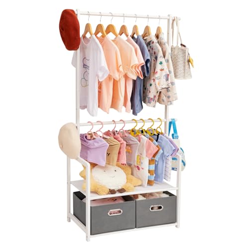 Bamboo Kids Clothing Rack: Holds Up To 121 Lbs of Dress-Up Clothes | 2 Adjustable Hanging Rods & 2 Storage Baskets With Shelf - Child Garment Holder for Playroom & Toddler Bedroom (White) - color: White