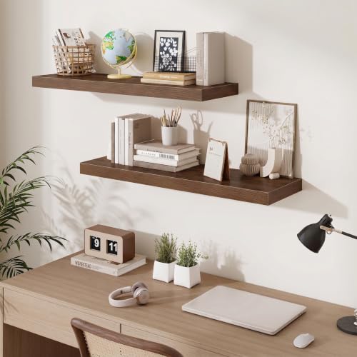Fun Memories Floating Shelves for Wall 36 Inches, Wood Shelves with Invisible Bracket, 10" Deep Shelves Wall Mounted, Large Wood Floating Shelves for Living Room Bathroom, Walnut, Set of 3 - color: Walnut, size: 36W x 10D x 1.5H