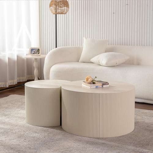 Nesting Coffee Table Set of 2, Round & Crescent Moon Wood Coffee Table and End Table Sets, Modern Luxury Accent Center Tea Table for Living Room Bedroom, （Beige + Cream, 27.56" & 19.69" - color: 27.56" & 19.69"-beige