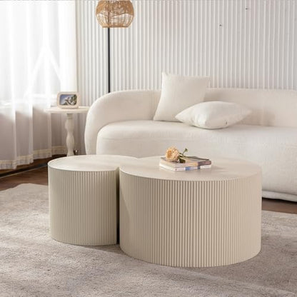 Nesting Coffee Table Set of 2, Round & Crescent Moon Wood Coffee Table and End Table Sets, Modern Luxury Accent Center Tea Table for Living Room Bedroom, （Beige + Cream, 27.56" & 19.69" - color: 27.56" & 19.69"-beige