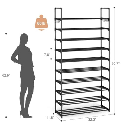 Shoe Rack for Entryway 10-Tiers Large Capacity Metal Shoe Rack Organizer with Two Hooks Holds 40-50 Pairs Shoes and Boots Free Standing Tall Shoe Shelf for Closet/Bedroom/Garage/Hallway Black