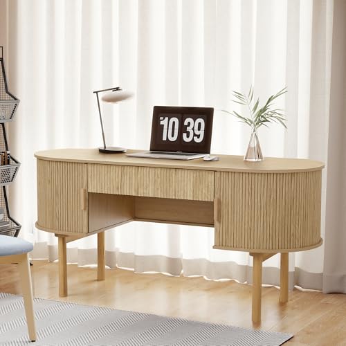 Executive Office Desk with Storage, 63 Inch Large Computer Workstation Desk with Drawer and File Cabinets, Mid Century Modern Fluted Wood Writing Desk for Home Office, Study Room, Living Room, Natural - color: Natural