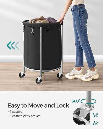 SONGMICS Laundry Basket, Rolling Steel Frame with 2 Locking Wheels, 110 L | Heavy-Duty Laundry Hamper Cart with Removable Bag, Ink Black and Metallic Silver, URLS002B01 - color: Ink Black + Metallic Silver, size: 110 L (1-Section)