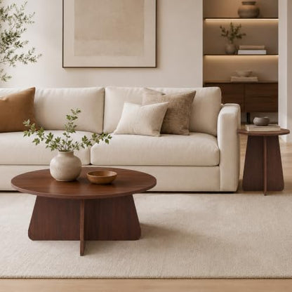 Nesting Coffee Table Set of 2, Round Wooden Coffee & Side Tables with Tapered Base, Walnut Finish, Mid-Century Modern Accent Furniture for Living Room Bedroom, Space-Saving Design - color: Walnut, size: Nesting Coffee Table Set