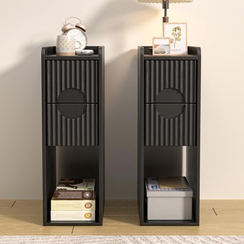 Black Night Stand Set of 2, Narrow Nightstand with Drawers, Small Bedside Table, Skinny Bed Side Table, Modern Nightstand for Bedroom, Living Room, Wood, Fluted, Black - color: Black-2 Pcs