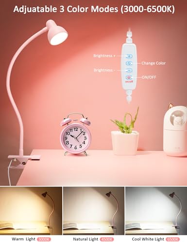LiFMIRA Pink Small Desk Lamp Clip on LED Reading Light for Bed | 3 Color Modes 10 Dimmable Brightness, Book in Bed Headboard, Flexible Reading Lamp with Clamp BL08 - color: Pink