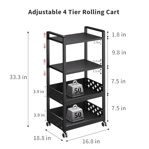 Adjustable 4 Tier Rolling Cart Metal Utility Carts with Lockable Wheels Rolling Storage Cart for Kitchen Bathroom Office Bar Microwave Laundry Snack Coffee Craft Organizer Black