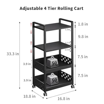 Adjustable 4 Tier Rolling Cart Metal Utility Carts with Lockable Wheels Rolling Storage Cart for Kitchen Bathroom Office Bar Microwave Laundry Snack Coffee Craft Organizer Black