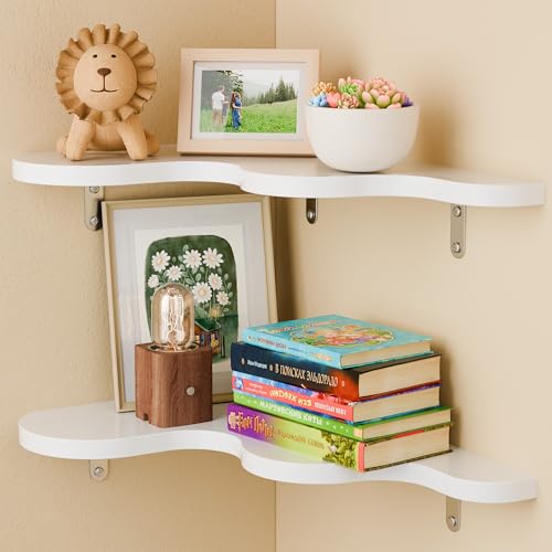 Cute Cloud Corner Shelves - Set of 2 White Wooden Floating Corner Shelves Wall Mounted, 90-Degree Space-Saving Nursery Shelves with Brackets, Kids Room Decor for Bedroom,Living Room,Bathroom - color: A-white Cloud Corner Shelves, size: 2-Tier