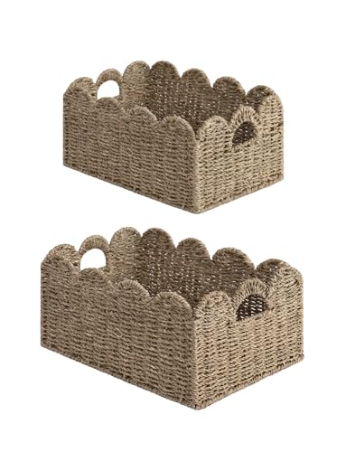 StorageWorks Scalloped Wicker Basket, Woven Baskets for Storage, Seagrass | Woven Baskets for Storage, Wicker Storage Baskets for Shelves, Large Wicker Basket, Shelf Basket with Handles, 2 Pack - color: Natural(Seagrass), size: 15" L x 11" W x 7" H