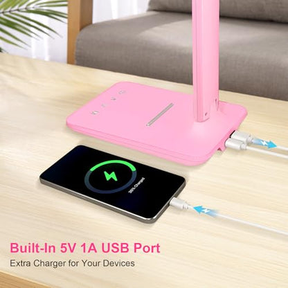 White crown LED Desk Lamp Dimmable Table Lamp Reading Lamp with USB Charging Port, 5 Lighting Modes, Sensitive Control, 30/60 Minutes Timer Pink (Pink, First-Generation) - color: Pink, size: first-generation