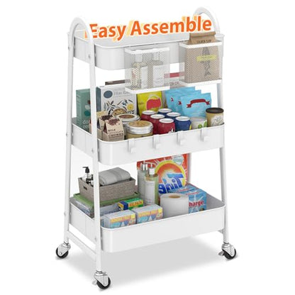 Sekey 3 Tier Rolling Cart, Hanging Cups, Hooks, Heavy Duty Mesh Rolling Storage Cart Organizer with 2 Lockable Wheels for Bathroom, Kitchen, Office, Craft, Makeup, Baby Essentials, White - color: White
