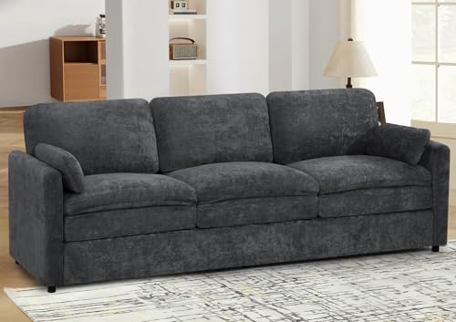 89" Chenille 3 Seats Sofa with 2 Pillows, Dark Grey | Modern Upholstered Sofa with Deeper Seats, Comfy Sofa with Thickened Cushions for Living Room, Apartment - color: Dark Grey, size: Sofa