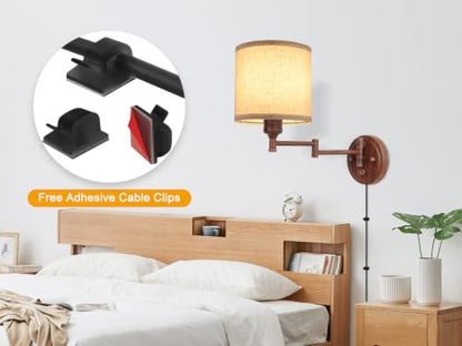 GOODATE Plug in Wall Sconces with Remote Control, Dimming & Adjustable Colors 2700K-6500K, Hardwire or Plug-in, Swing Arm Wall Lamp, Wall Sconces Set of Two, Linen Fabric Shade, Walnut Finish - color: Walnut & Linen