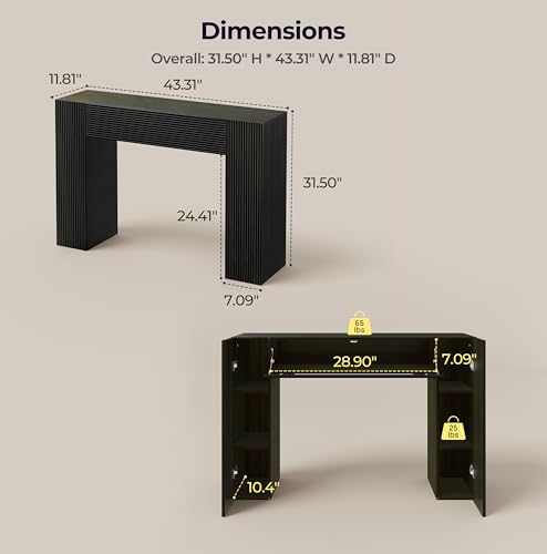 43" Fluted Modern Console Table with Storage, Narrow Entryway Table, Black | Skinny Console Tables for Entryway, Small Entryway Table, Farmhouse Sofa Table Behind Couch for Living Room,Hallway,Entrance - color: Black