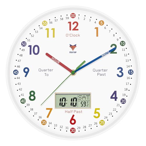 Foxtop Digital and Analog Learning Clock for Kids - Telling Time Teaching Clock 12 Inch Silent Non-Ticking Battery Operated Kids Wall Clock for Kids Room Playroom Nursery Classroom School (White) - color: White, size: 12 Inch