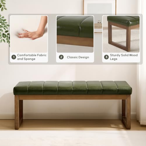 52.7" Bedroom Bench for End of Bed, Faux Leather Entryway Bench (Green-PU) | Modern Upholstered Dining Bench & Footrest Stool Bench with Solid Wood Frame for Bedroom, Living Room - color: Green-pu