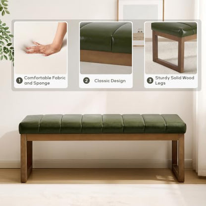 52.7" Bedroom Bench for End of Bed, Faux Leather Entryway Bench (Green-PU) | Modern Upholstered Dining Bench & Footrest Stool Bench with Solid Wood Frame for Bedroom, Living Room - color: Green-pu