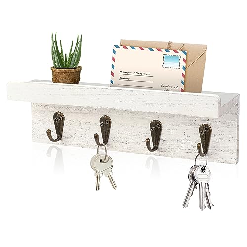 HRONRAD Rustic Key Holder for Wall, Farmhouse Wall Shelf with 4 Hooks, Wall Mounted Key Racks, Wooden Mail Organizer with Hooks for Entryway (White) - color: White