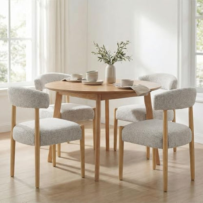 VKNOW Wooden Dining Chairs Set of 4 with Rubberwood Legs, Curved Backrest | Modern Upholstered Dining Chairs with Thickened Cushion, Soft Chenille Fabric, for Dining Room/Kitchen, Heathered Off-White - color: Heathered Off-white, size: Set of 4