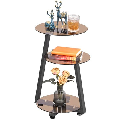 BEWISHOME Small Round Side Table, End Table with Storage Shelves, Tawny | Metal Frame, 3-Tier Shelves, Accent Table Nightstand Bedside Table, Tempered Glass Surface, KTZ41S - color: Dark Brown, size: without PowerOutlet