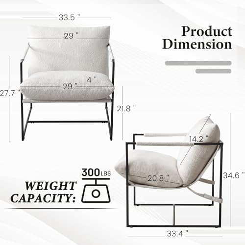 Furnilivng Large Sling Accent Chair, Comfortable Boucle Fabric Arm Chair, Upholstered Cozy Reading Chair for Living Room, Bedroom, Dressing Room, Home Office (White, Set of 1) - color: White, size: Set of 1