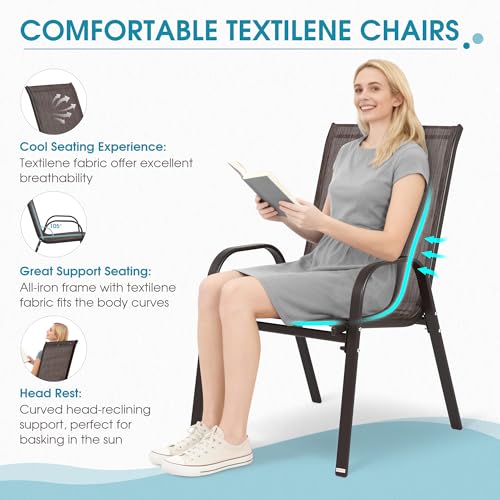 24.4" Wide Outdoor Stackable Chairs Set of 6 | Stacking Patio Chairs with Textilene Fabric, Outside Furniture for Garden Backyard Balconie Poolside Deck, Brown - color: 6 Brown Chairs