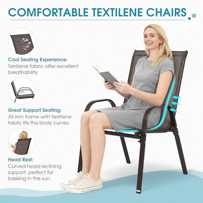 24.4" Wide Outdoor Stackable Chairs Set of 6 | Stacking Patio Chairs with Textilene Fabric, Outside Furniture for Garden Backyard Balconie Poolside Deck, Brown - color: 6 Brown Chairs