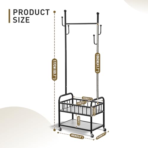 Free Standing Rolling Clothes Rack with Wheels Shoe Storage - Black | Small Narrow Cloth Hanger Garment Rack for Bedroom Livingroom Lab Dress Shirt Rack with Metal Basket and Shoe Storage Shelves - color: Black-2 Tier