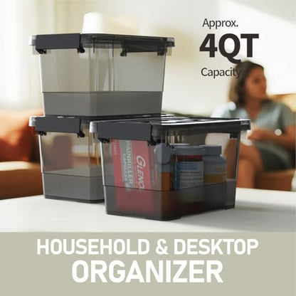 6 Pack Clear Black Plastic Storage Bins with Lids and Handles, Stackable Organizer Small Latch Boxes, Storage Containers for Organizing (4 Quart)