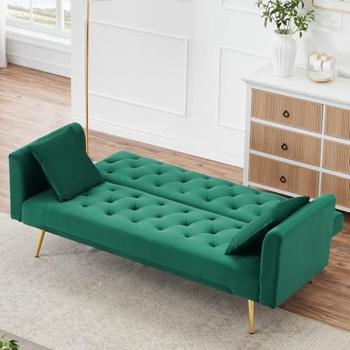 71" Modern Velvet Sofa Bed Futon, Convertible Sleeper Couch, Adj. Backrest | Tufted Recliner Loveseat Design with Golden Chrome Legs & 2 Pillows, Perfect for Small Spaces, Living Room, Apartment - color: Green