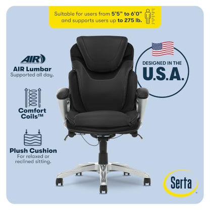 Serta Bryce Executive Office Chair - Ergonomic Computer DeskChair with Lumbar Technology - Adjustable Height - Memory Foam Body Pillows - 360° Swivel Rolling Base - Bonded Leather - Black - color: Black