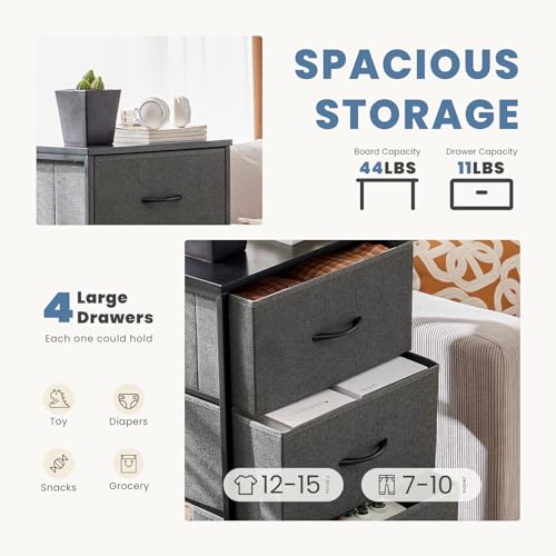 DUMOS Nightstand, Bedside Table with 4 Fabric Drawers | Night Stand with Removable Bins, Steel Frame Wood Top, Small Dresser for Bedroom Closet - color: Grey, size: 11.8"D x 17.7"W x 37.4"H (4 Drawers)